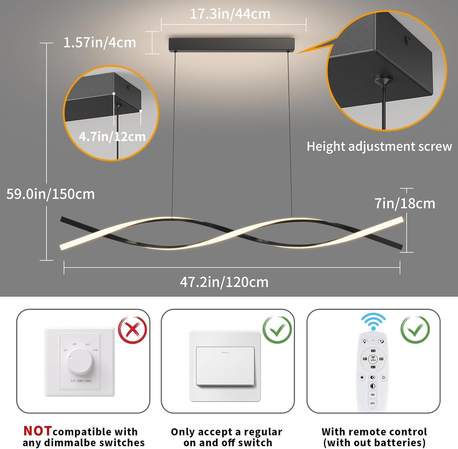 Zihoi 47in Modern Kitchen Island Pendant Light, Dimmable LED Chandelier, Black Metal, Model LX