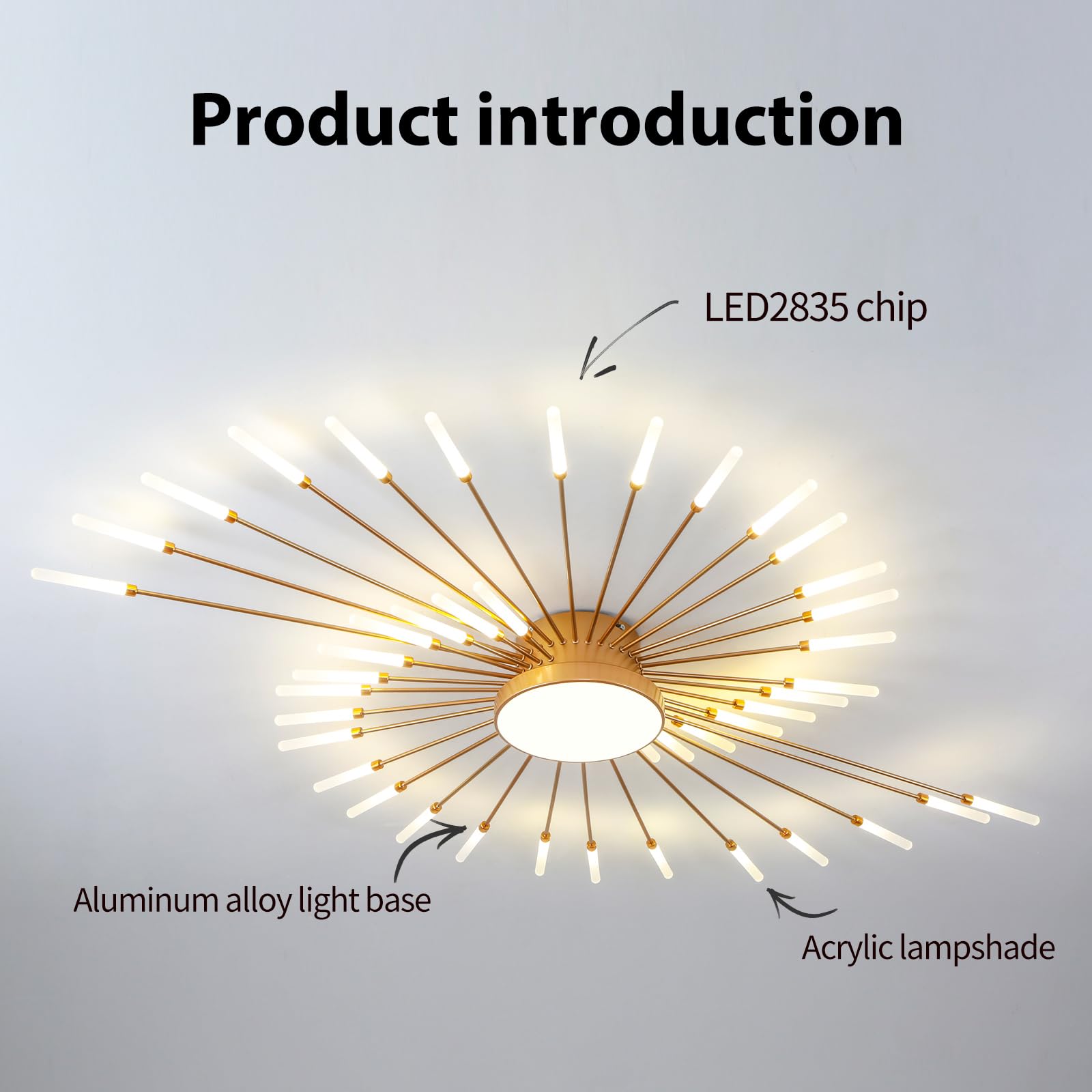 Jaymp Ceiling Light Modern Flower Shape Ceiling Lamp For Living Room Dining Room Flush Mount Metal Acrylic Sputnik Firework Petal Led Lighting Fixture (Matte Gold, 42+1 Lights)