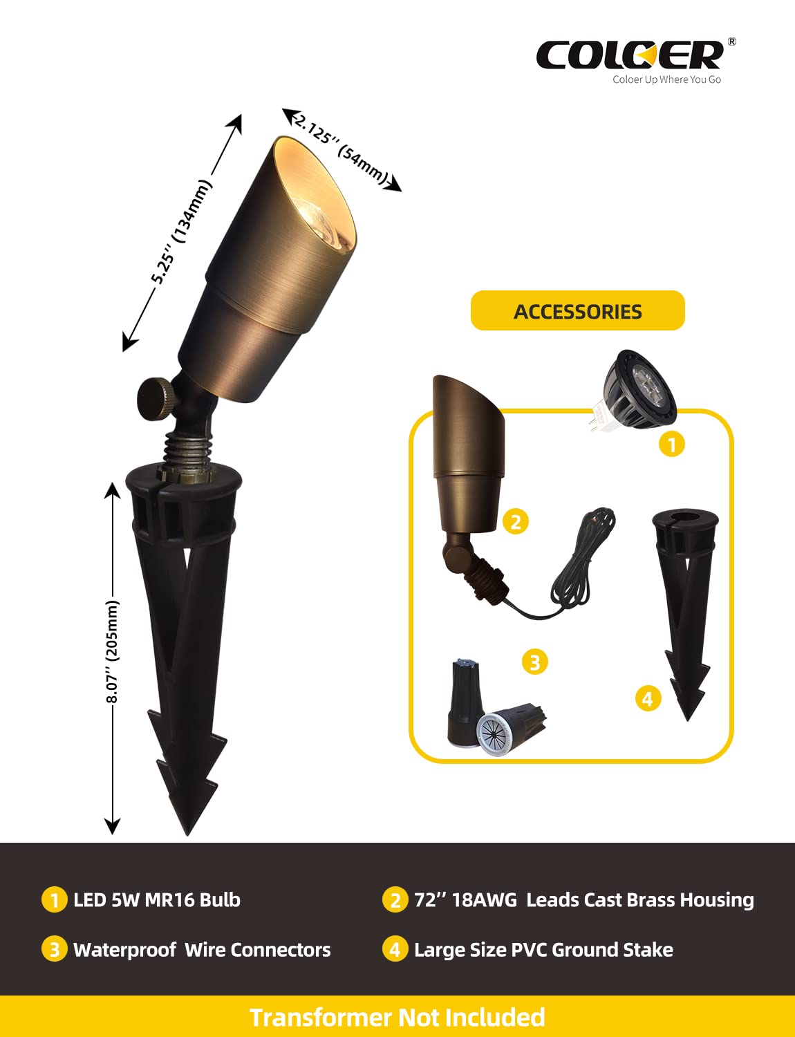 Coloer Die-Cast Brass Low Voltage Spotlight 1-Pack With 5W Aluminum Housing Mr16 Led Bulb 2700K 450Lm Cri85+,12V Ac/Dc Outdoor Landscape Lighting, Directional Garden Patio Spot Up Light(101B)