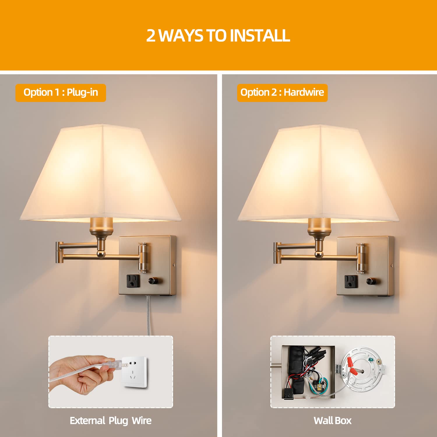 Plug in Wall Light,Swing Arm Wall Sconces with USB Port and Outlet,Wall Lamp with White Fabric Shade Dimmable Switch for Bedroom