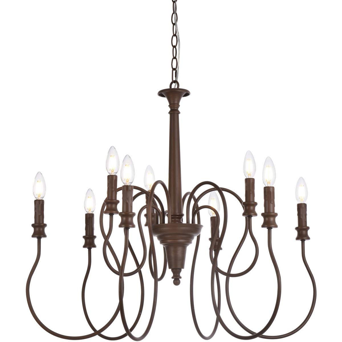 Elegant Lighting Living District Flynx 9-Light Mid-Century Metal Pendant in Weathered Oak
