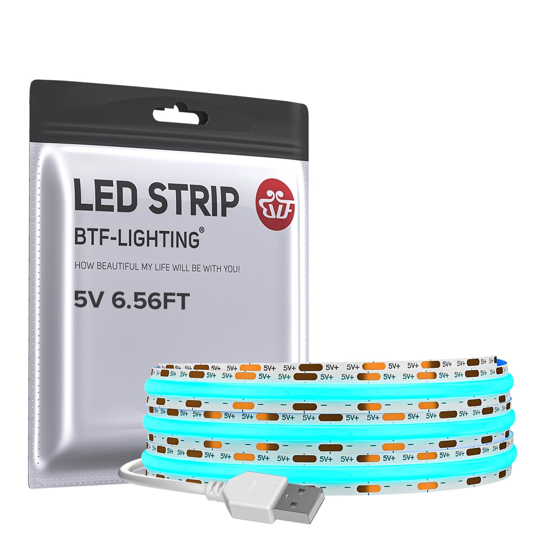 Btf-Lighting Fcob Usb Powered Ice Blue Cob Led Strip Lights 6.56Ft 640Leds 5V 8Mm Width 90+ High Cri Ultra Bright Flexible Light For 3D Printer Tv Backlight Display Cabinet Pc Diy Decor