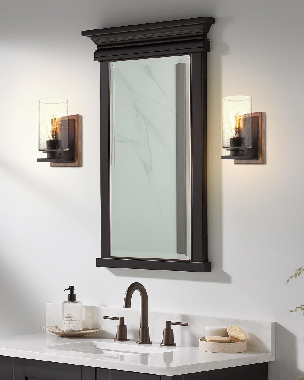 Kira Home Sedona 9'' Modern Rustic Wall Sconce + Seeded Glass Cylinder Shade, Oil Rubbed Bronze + Wood Style Walnut Finish