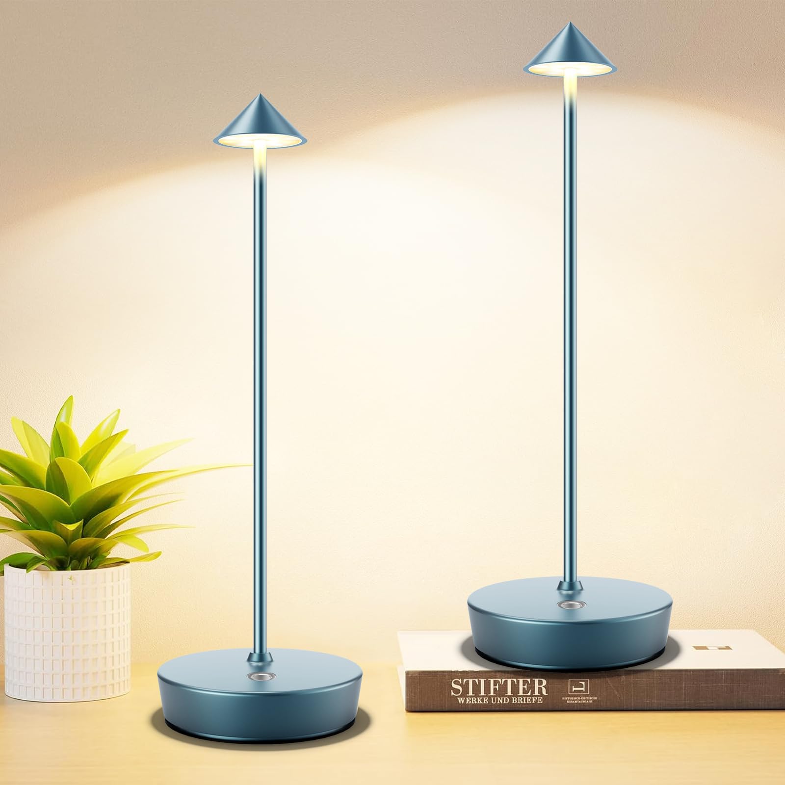 Tpczqj Rechargeable Cordless Table Lamp, 6000mAh LED, Touch 3 Color Dimming, 2 Pack, Blue