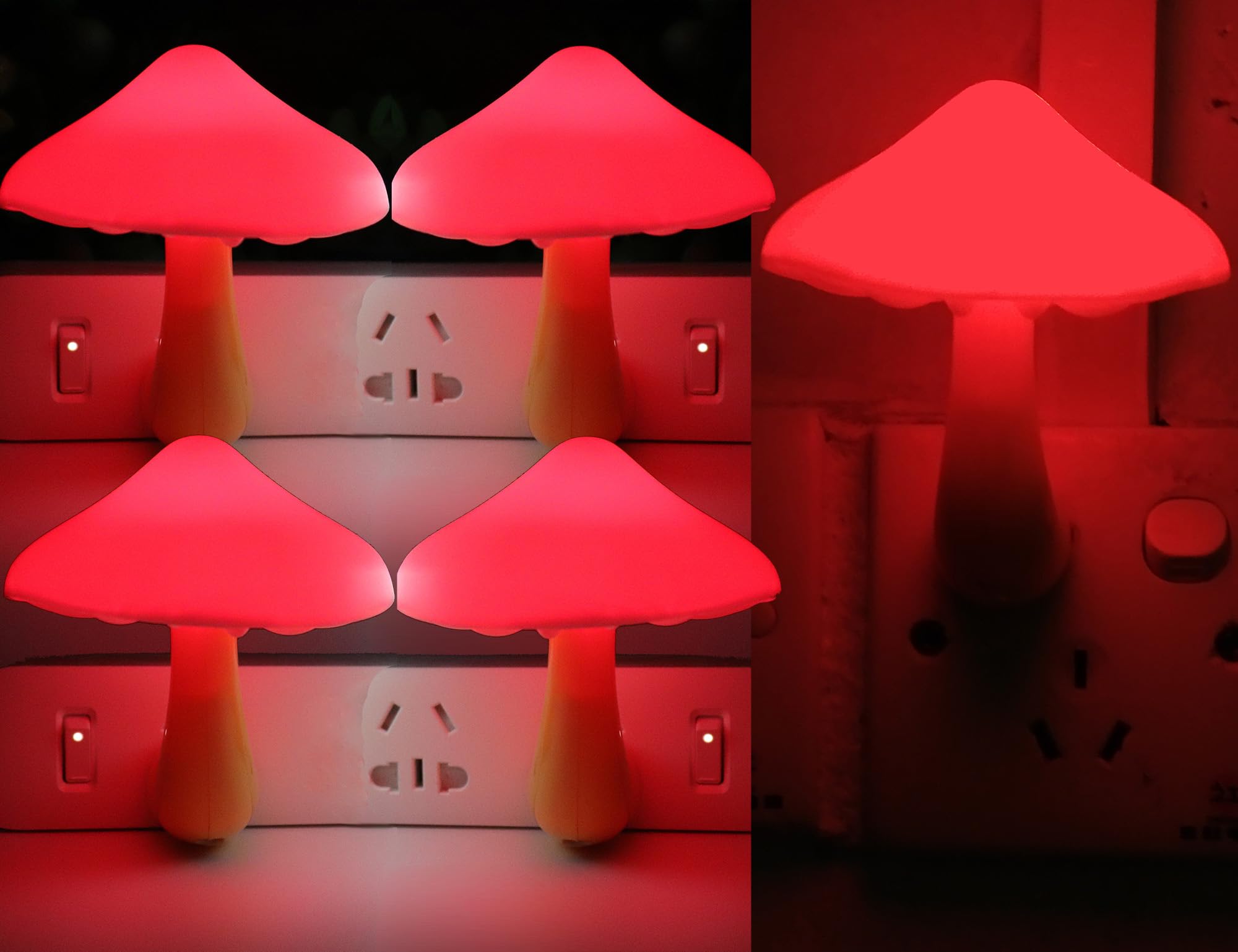 AUSAYE LED Night Lights Plug-in, 5 Pack Mushroom Design, Red, Plastic, Model L-7515 for Bedroom, Bathroom, Hallway, Stairs, Kitchen