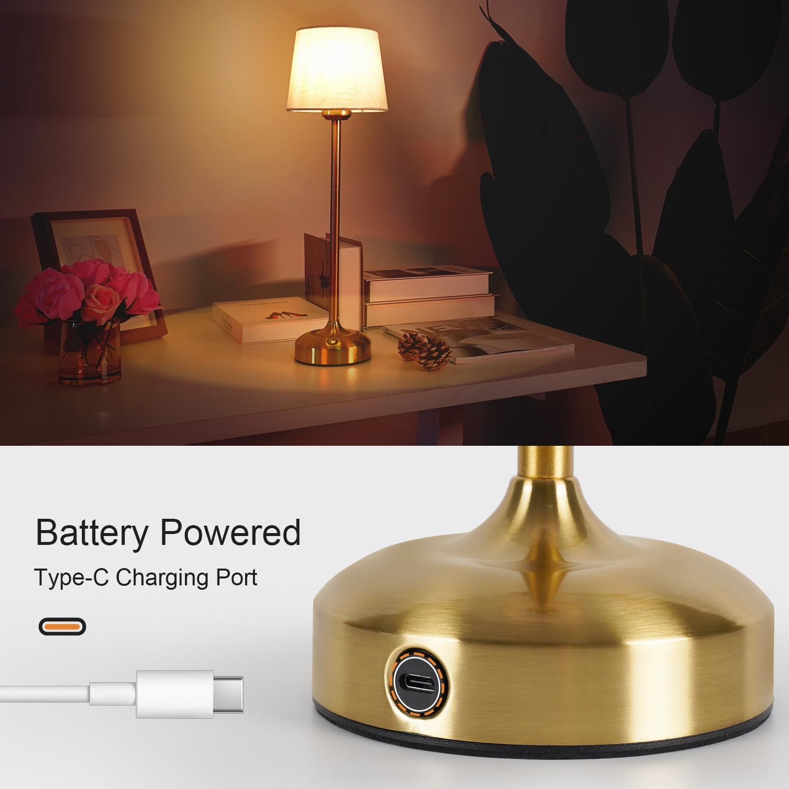 YAYZA! Cordless Table Lamp, Adjustable Height, 7500mAh Rechargeable LED, 3 Color Temperatures, High Gold, Model FWTL-001