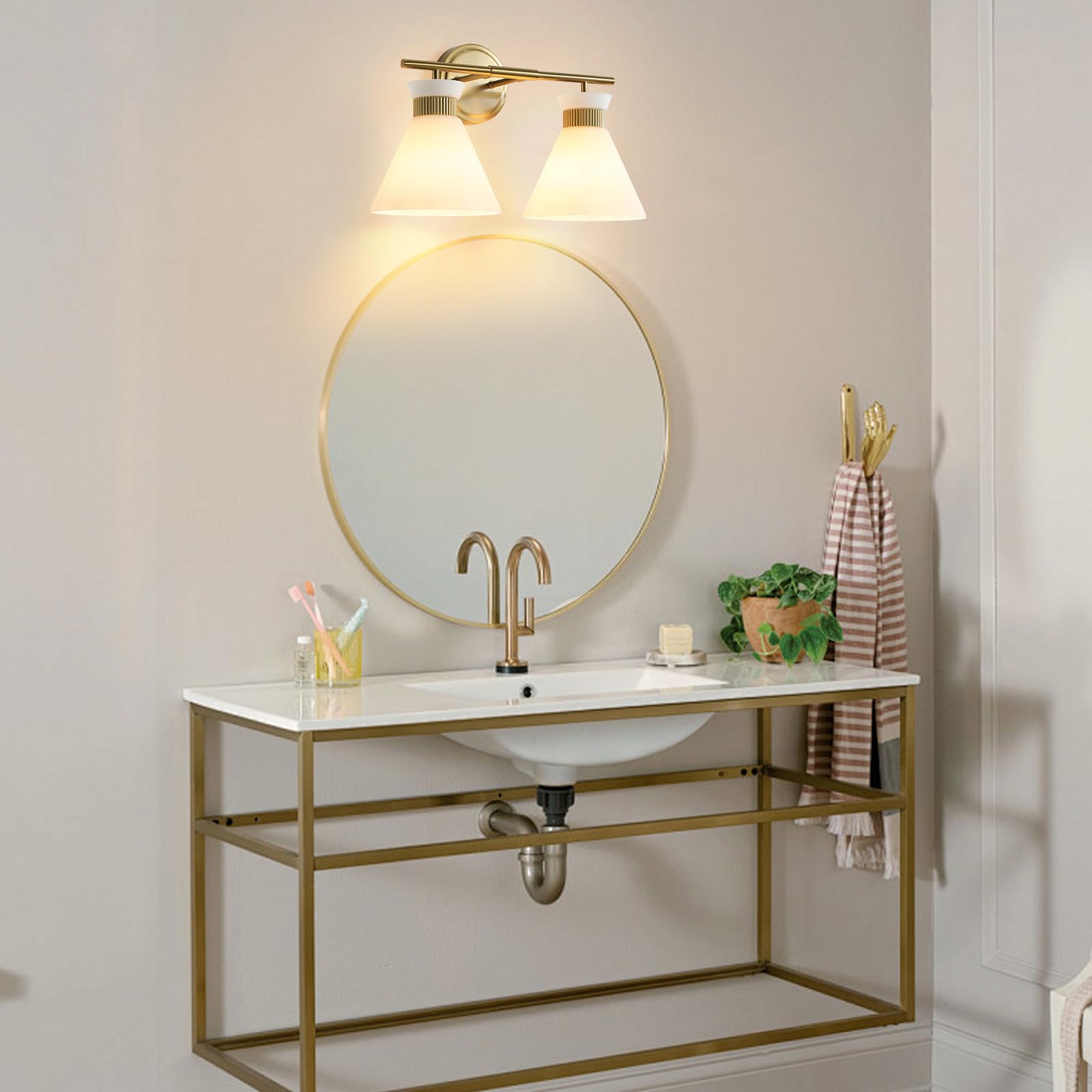WOSHITU 2-Light Bathroom Vanity Light Fixtures, Brass Gold Metal Wall Sconce with Frosted Glass for Modern Home Decor