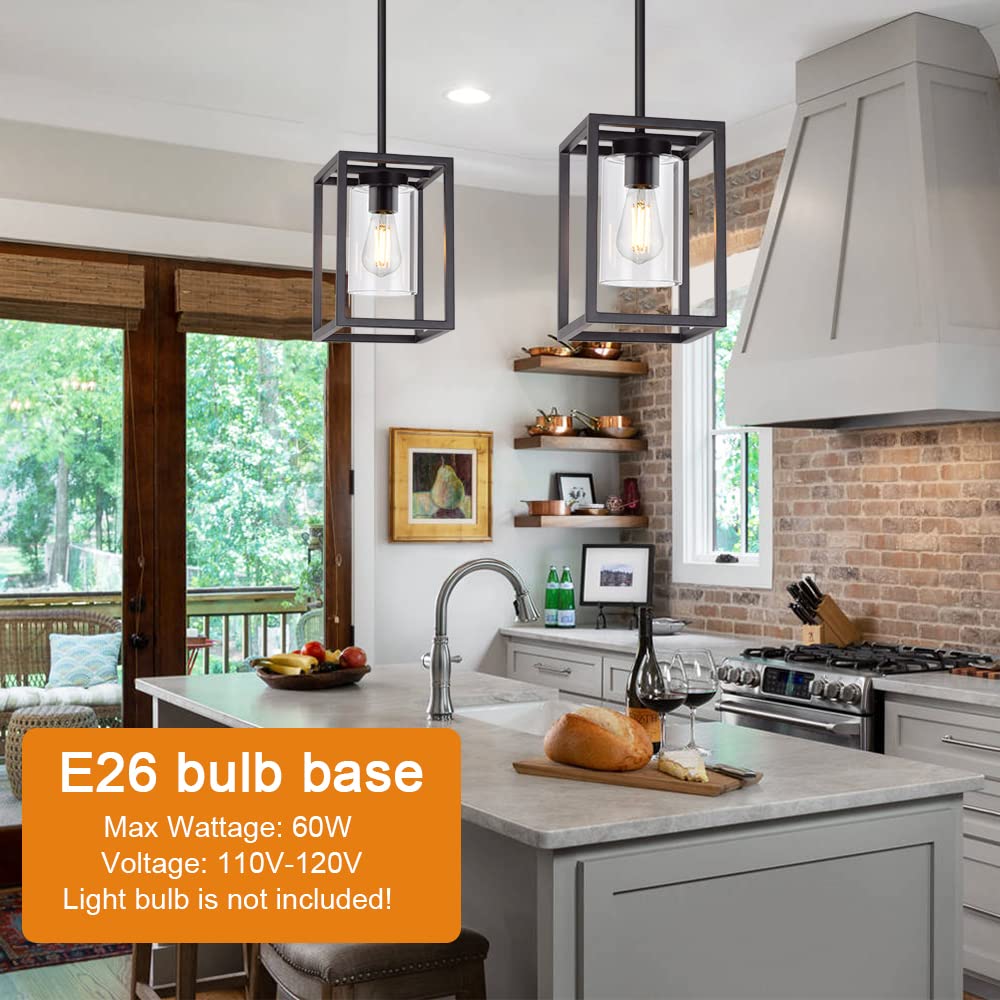 Vinluz 1 Light Farmhouse Pendant Lighting Black Cage Chandelier Glass Shade Contemporary Modern Kitchen Island Lights Fixtures C