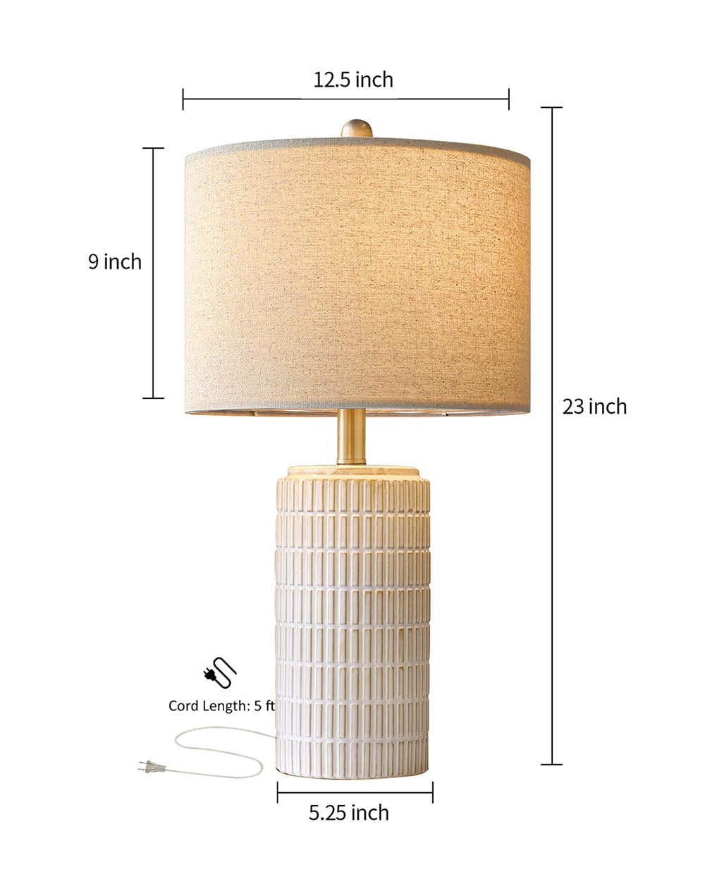 PoKat 23" Ceramic Bedside Table Lamp - White with Round Linen Shade, Modern Nightstand Light, Model AMZ-T1102CR-1