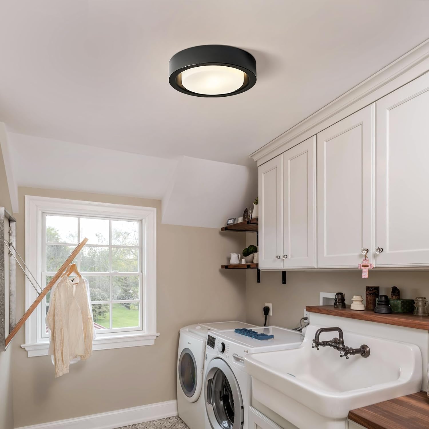 Cotulin Black Flush Mount Ceiling Light, 13 Matte Metal Fixture With White Frosted Glass Shade For Hallway, Bedroom, Outdoor