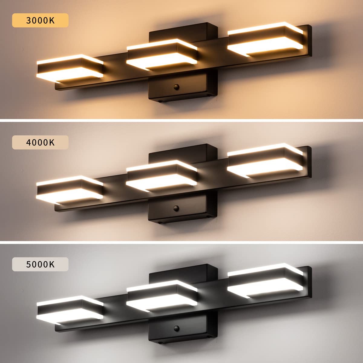 Mirrea 20" Led Black Vanity Light Fixture, 3-Light, Adjustable Cct 3000K/4000K/500