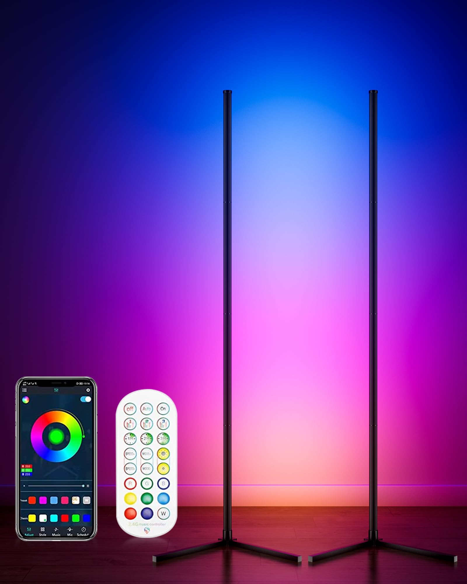 Ccacc 2Pcs Corner Floor Lamp, 65&quot; Smart Rgb Color Changing Led Floor Lamp With App And Remote Control, Modern Mood Lighting Corner Lamp With Music Sync, Diy Mode & Timing For Living Room Gaming Room