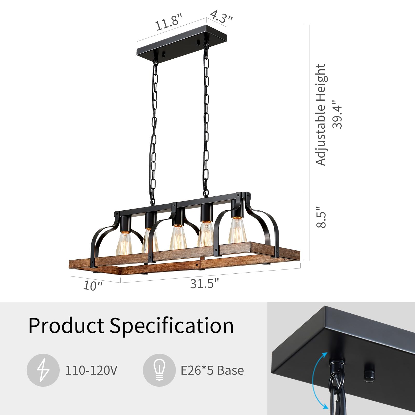 Wuzups 5-Light Rustic Metal Chandelier, Imitation Wood Grain, Black Pendant Lighting For Kitchen & Dining
