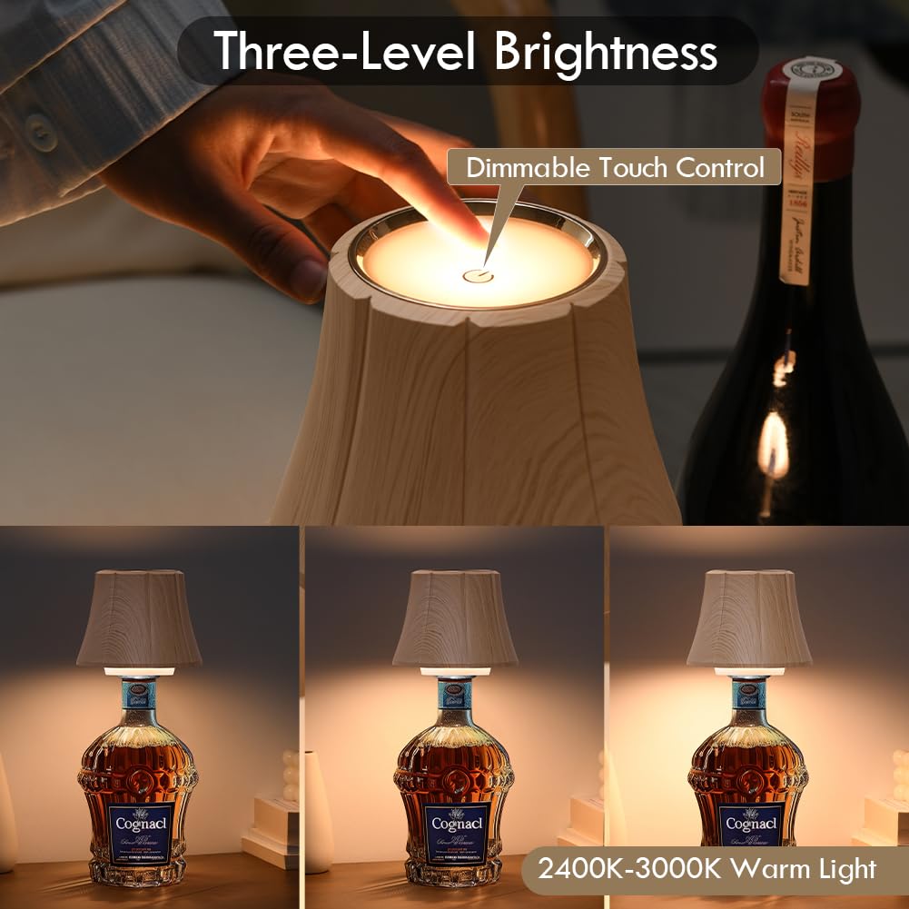 WILIT Wireless Bottle Lamp Shades, 3-Level Brightness Touch Lamp, Flower-Natural Wood Grain, Ideal for Nightstand and Bar Decor