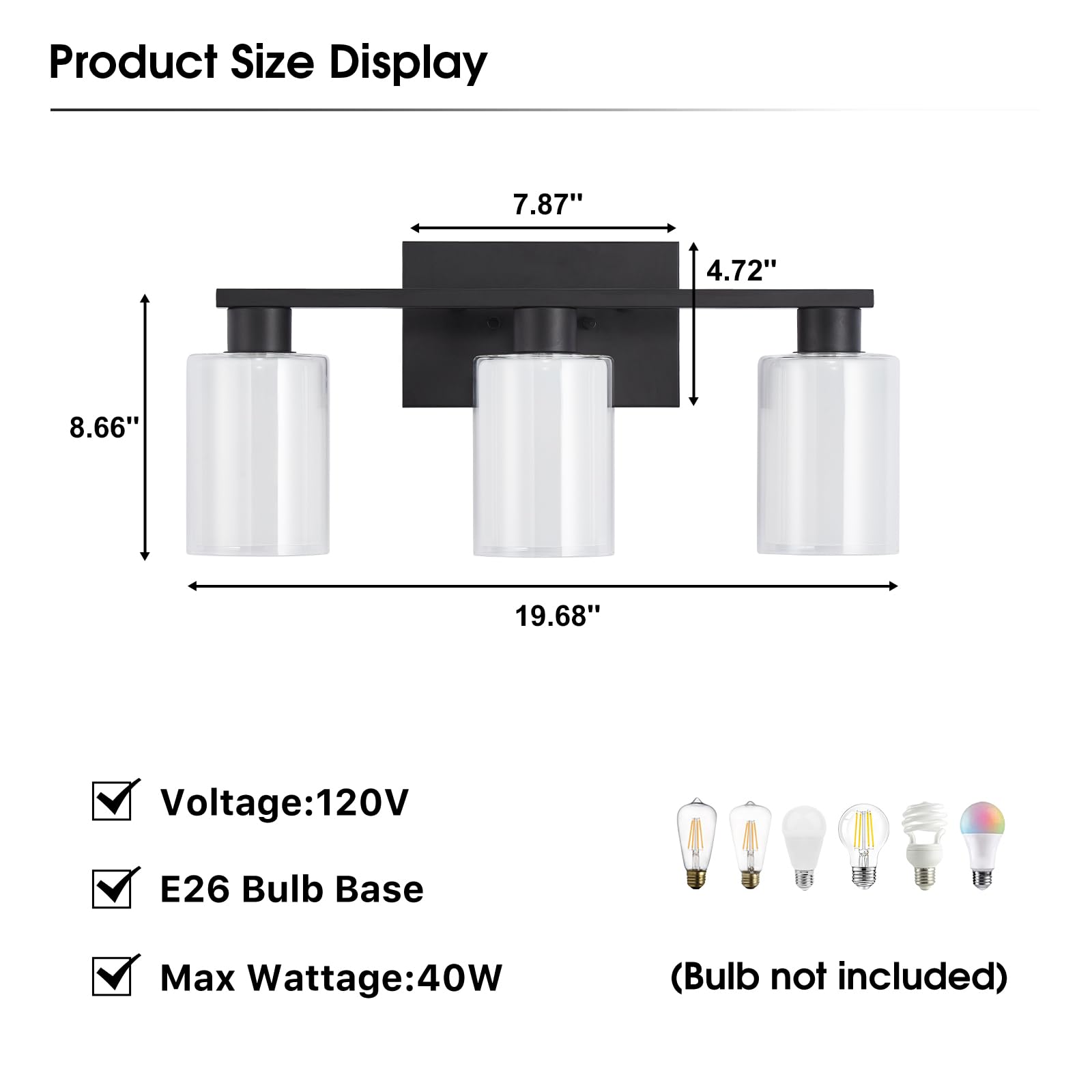 Punsoko Black Bathroom Light Fixtures, Anti-Rust 3 Light Bathroom Vanity Lights, Modern Vanity Light Over Mirror With Frosted Glass And Clear Glass Shade, E26 Base Vanity Lighting