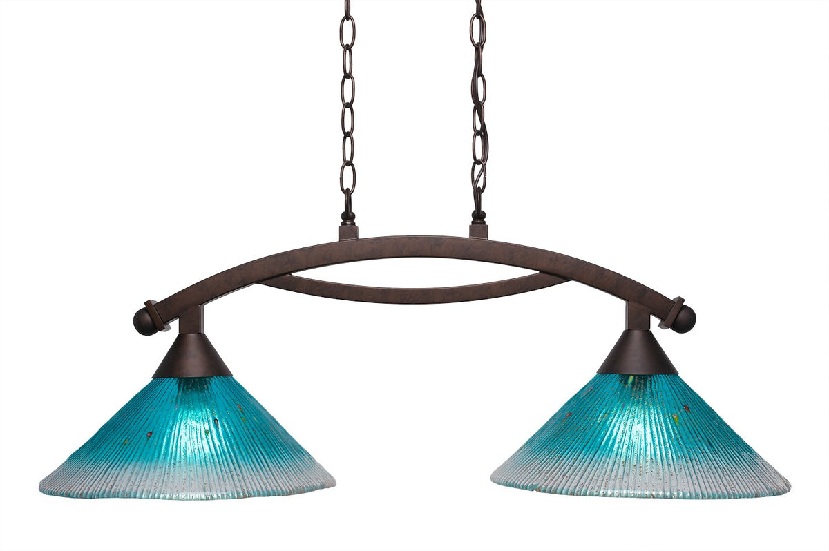 Toltec Lighting 872-BRZ-448 Bow 2 Light Island Light with 12&quot; Teal Crystal Glass, Bronze Finish