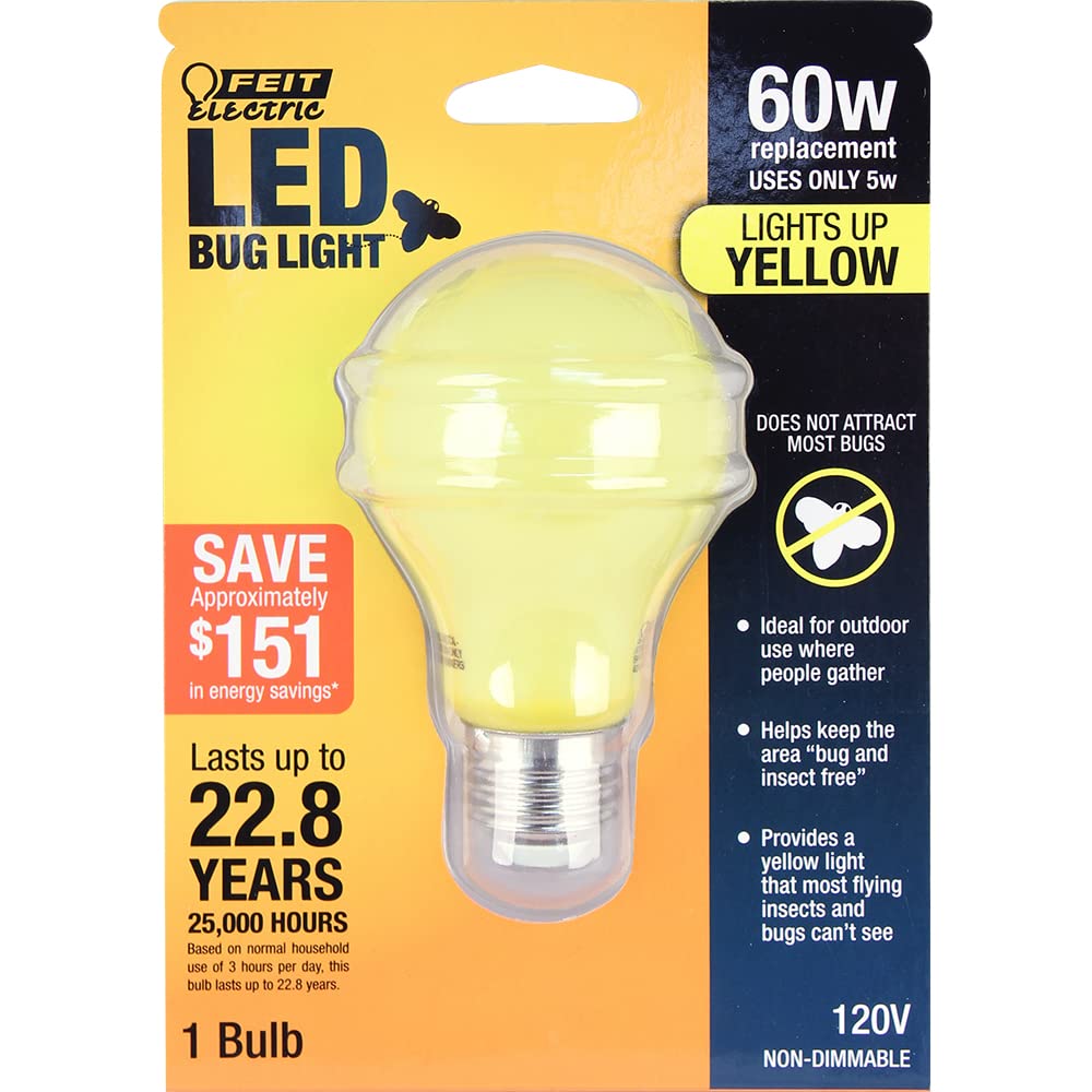 Feit Electric A19/BUG/LED Outdoor Bug Light 60-Watts Equivalent Non-Dimmable LED Light Bulb, E26 Medium Base, Yellow, Pack of 2