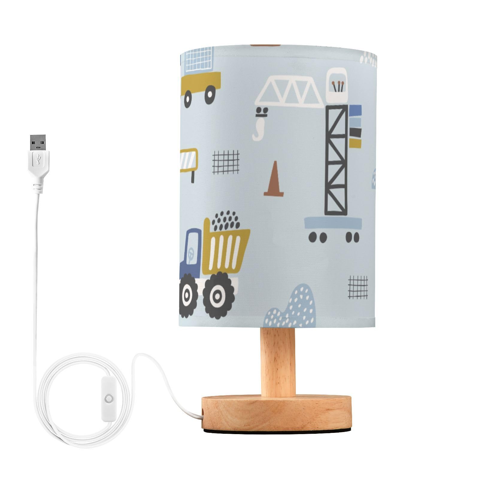 BOENLE Bedside Lamp Childish Truck Excavator Table Lamp for Bedroom LED Nightstand Lamp Shade USB Ports Wood Base for Living Roo