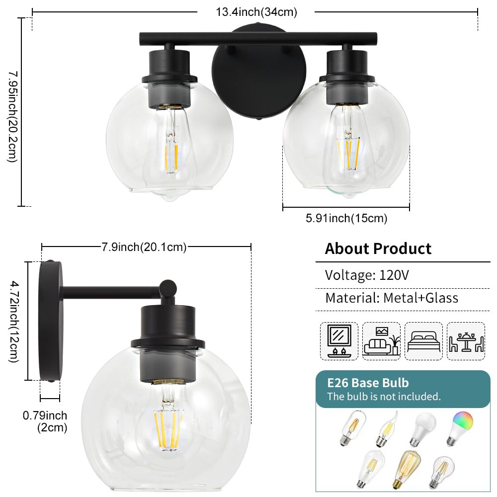 Lanmate Bathroom Light Fixtures Over Mirror 2-Lights Bathroom Vanity Light With Clear Glass Shade 13.8 Inch Modern Wall Sconce B