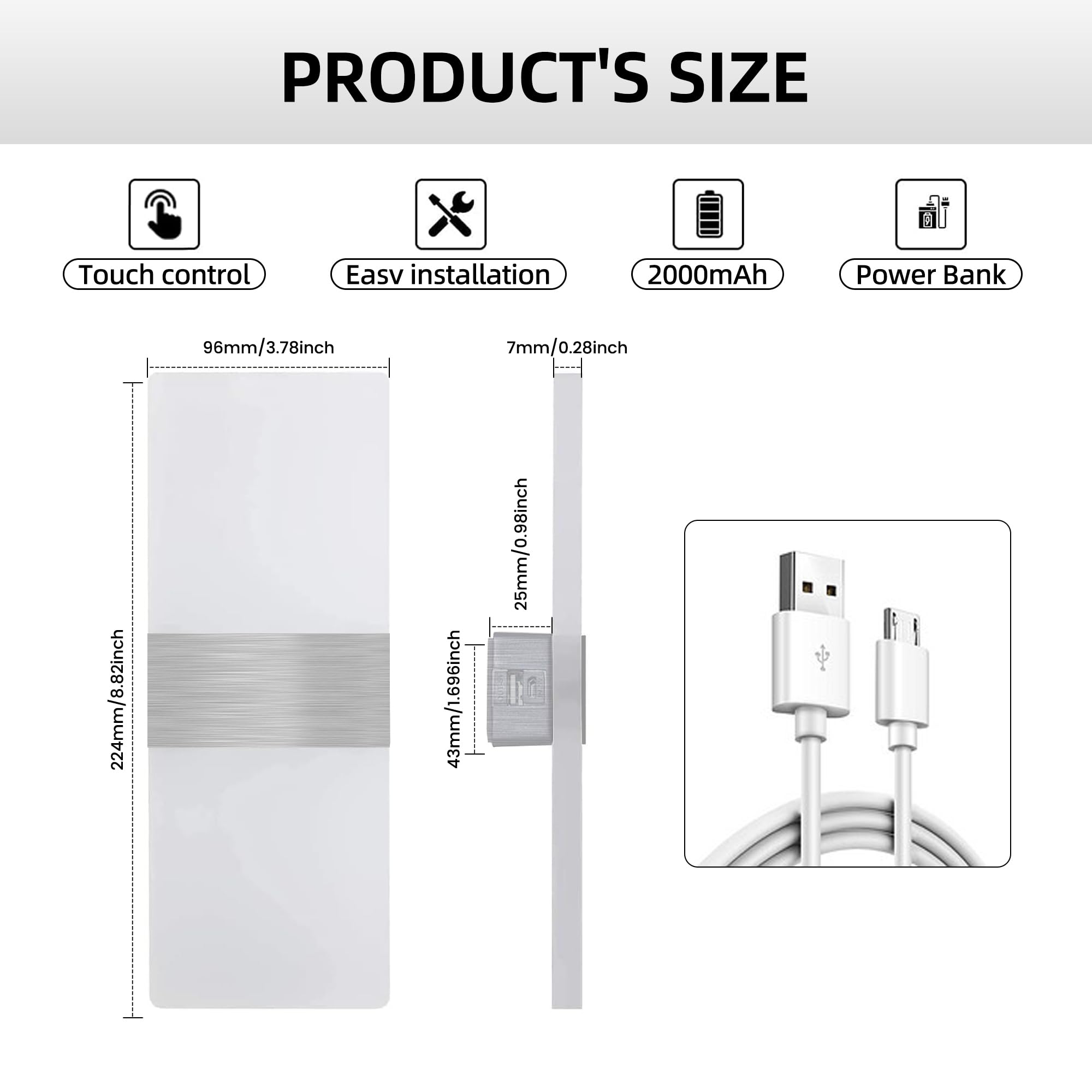 Mehidfy Wall Sconces Sets Of 2  Dimmable Touch Control Wall Lamp  Rechargeable Led Wall Sconces  Battery Operated Wall Lights  Bedside Lamp  Reading Light Bedroom With 4 Brightness (White)