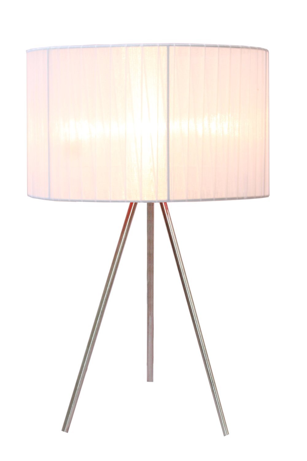 Simple Designs Lt2006-Wht Brushed Nickel Tripod Table Lamp With Pleated Silk Sheer Shade, White