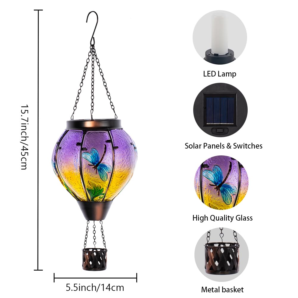 Starsoul Dragonfly Hot Air Balloon Solar Lantern Outdoor Glass Hanging Hot Air Balloon Lantern With Flame Light Waterproof For P