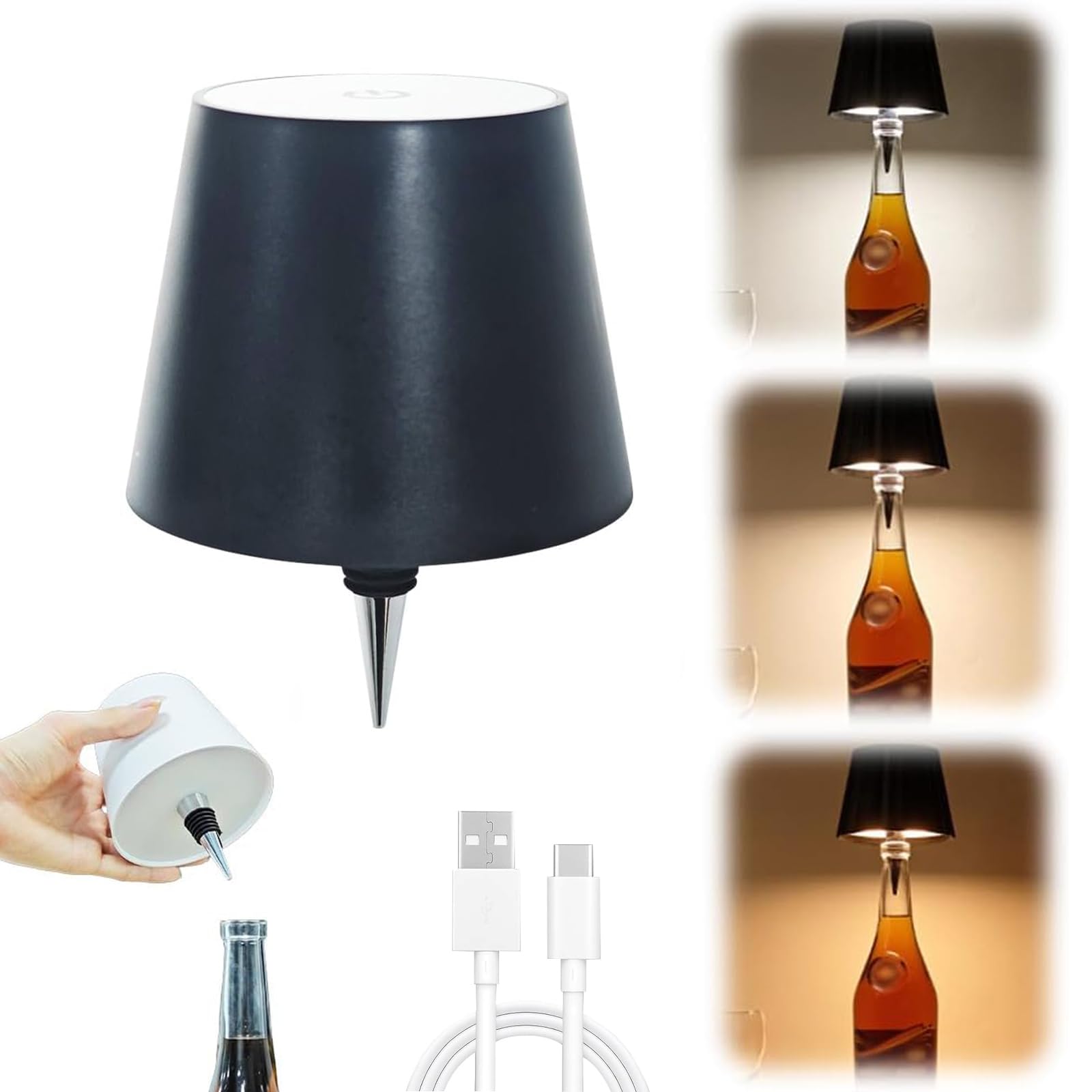 Wireless Bottle Lamp, Portable LED Wireless Bottle Lamp with 3 Modes Light Dimming, Rechargeable Wine Bottle Light Head, Touch T