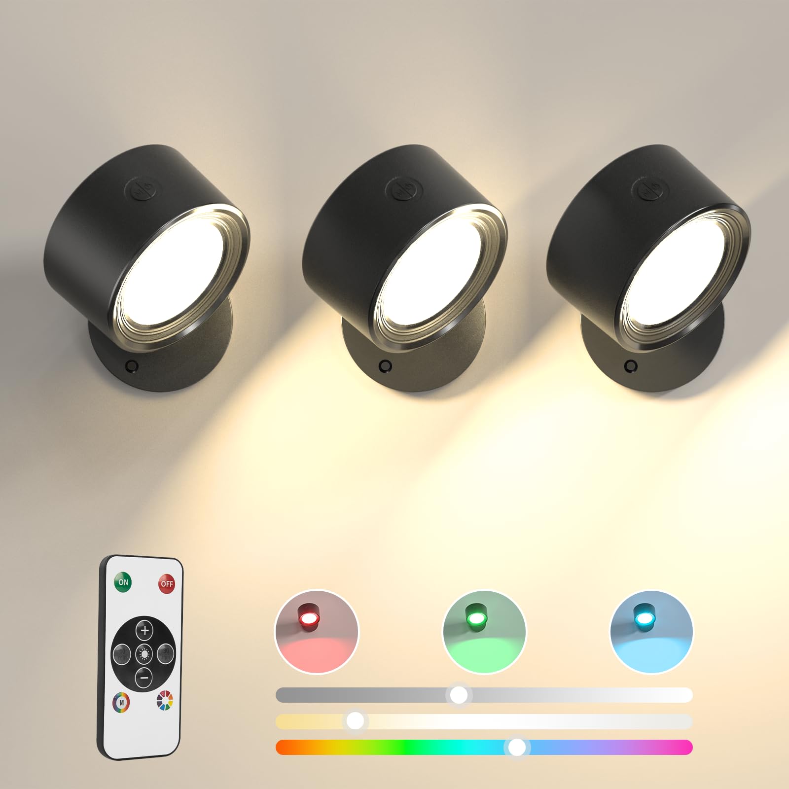 Lightbiz Led Wall Lights 3 Pcs With Remote, Rgb Ambience Wall Sconces Lamp 3000Mah Rechargeable Battery Operated, 3 Color Temp &