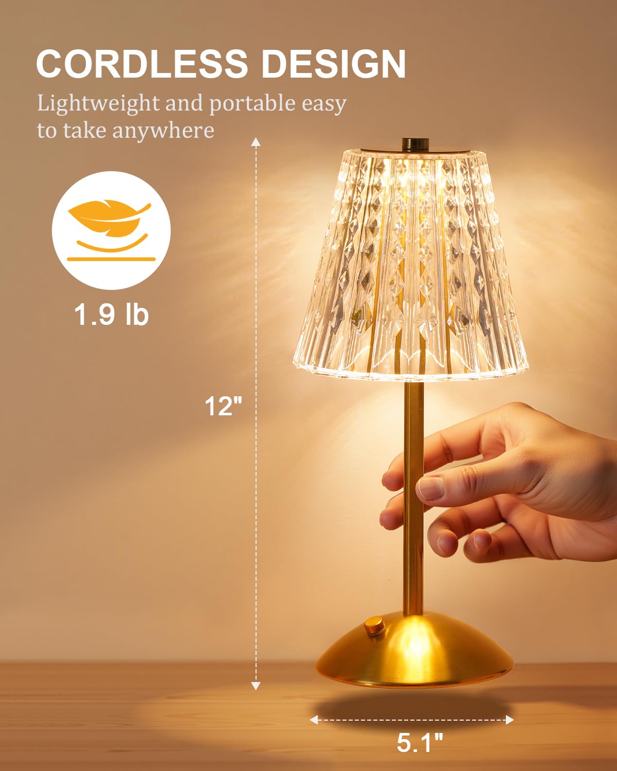Nusogon Cordless Touch Table Lamp - 3500mAh LED, Dimmable, Acrylic, Gold, 10.55x5.4x12.87 inches, 2pcs