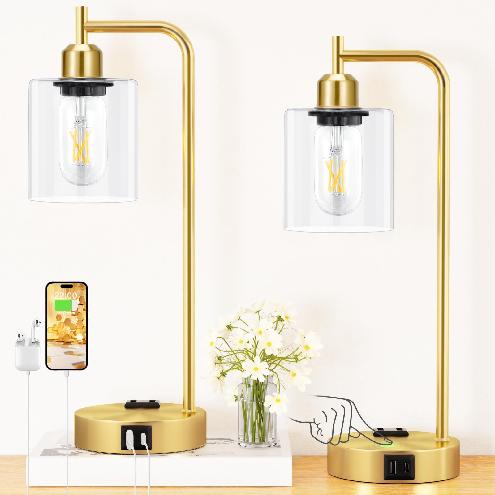 Innqoo Industrial Gold Table Lamps for Bedrooms Set of 2-3-Way Dimmable Desk Lamp with USB C+A Ports and Outlet, Gold Lamps with Clear Glass Shade for Living Room, Desk Lamps for Home Office