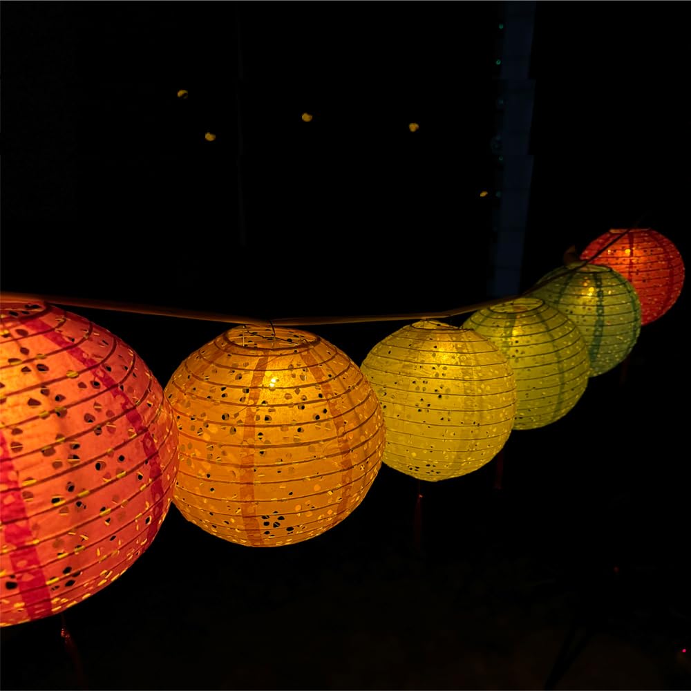 12Pcs Chinese Paper Lanterns With Led Lights Hollow Out Hanging Asia Japanese Paper Lamps With Tassel And Walking Stick, 8 In Lanterns For Chinese New Year Lanterns Decorations(Round)