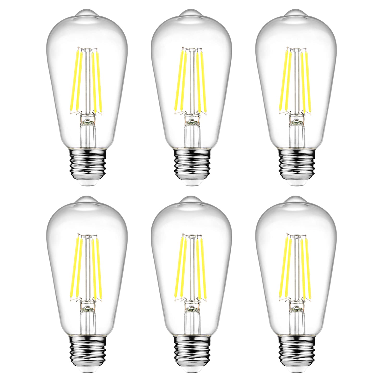 Ascher Vintage LED Edison Bulbs, 6W Equivalent, Daylight 5000K, Clear Glass, Pack of 6