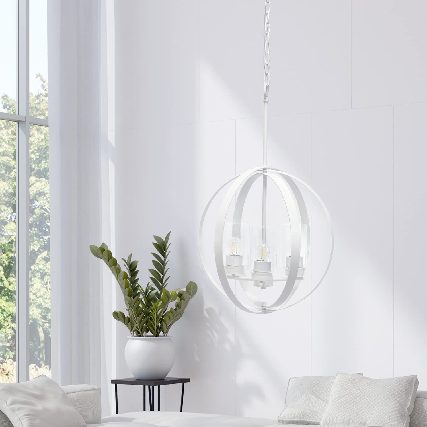LALIA HOME 3-Light Industrial Globe Pendant Light, 18in Adjustable, Iron & Glass, White, Model 1270-LHP-3010-WH