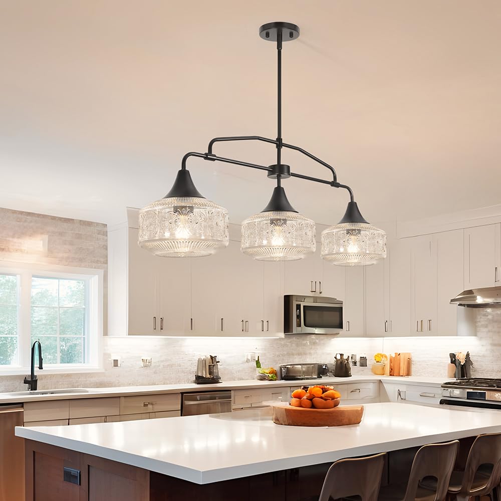 DSMJFU Black 3-Light Farmhouse Kitchen Island Pendant Light, Adjustable 37.4in Metal Fixture with Clear Glass for Dining Room, Model 250614