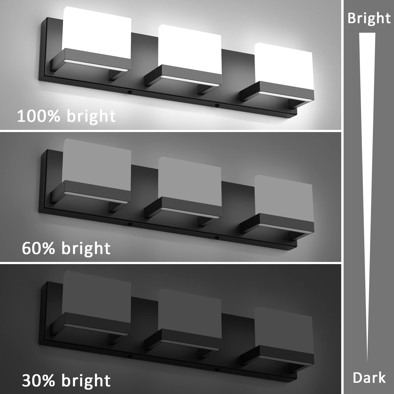 Tipace 3 Lights Black Dimmable Led Vanity Light For Bathroom Up And Down Black Modern Bathroom Wall Light Fixtures Over Mirror(W