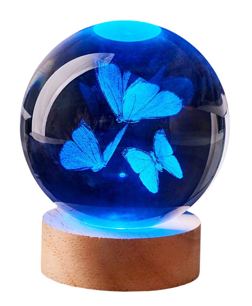DIGFPWT Butterfly Crystal Ball Night Light, 3.15 Inch, 16 Colors with Remote, Crystal Material, Gift Box Packing