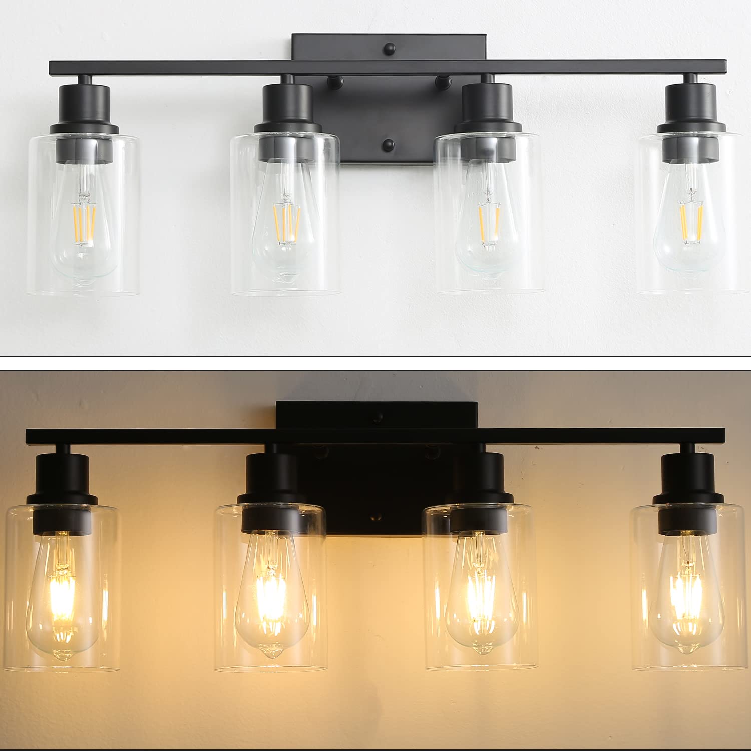 Filimitiy Bathroom Vanity Light Fixtures, 4-Light Matte Black Bathroom Lights, Wall Sconces With Clear Glass Shade For Hallway F