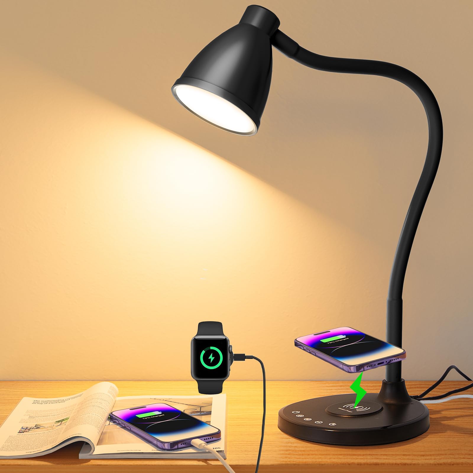 BOHON LED Desk Lamp with USB C+A Ports, Wireless Charger, Touch Control, Black