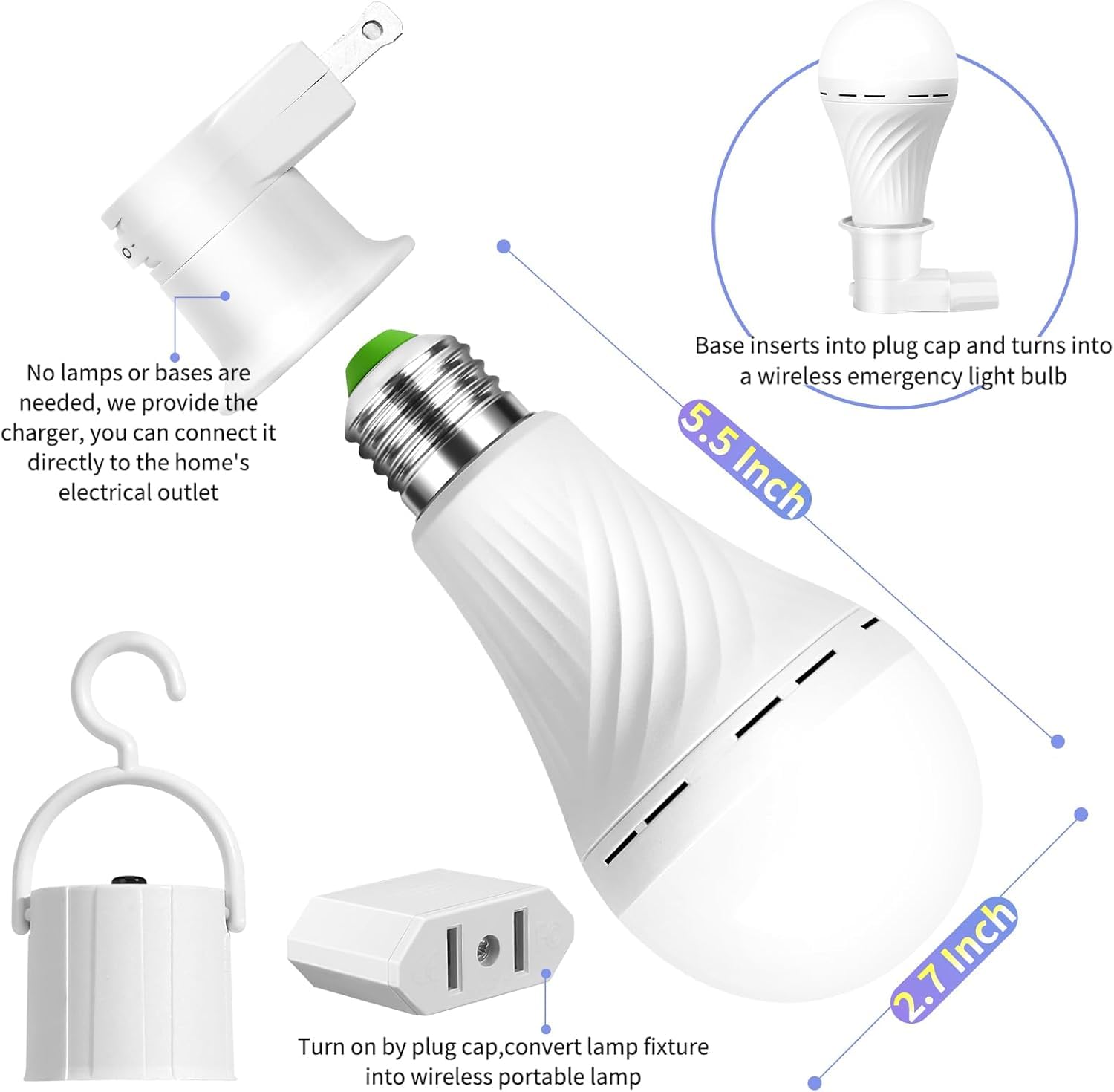 SORHE LIDKO Emergency Rechargeable LED Light Bulbs, 12W Equivalent, Battery Powered, White, Model 2, 6 Bulbs & Accessories