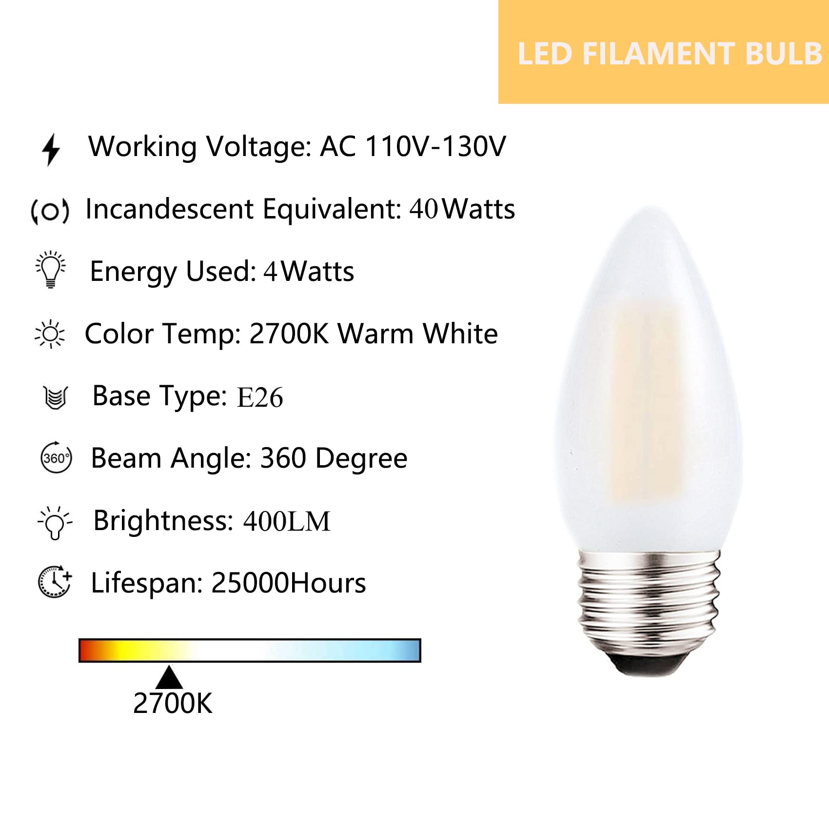 Sunaiony Dimmable Led Candelabra Light Bulbs 40W Equivalent E26 Base, B11 Led Chandelier Candle Light Bulbs, Frosted E26 Medium