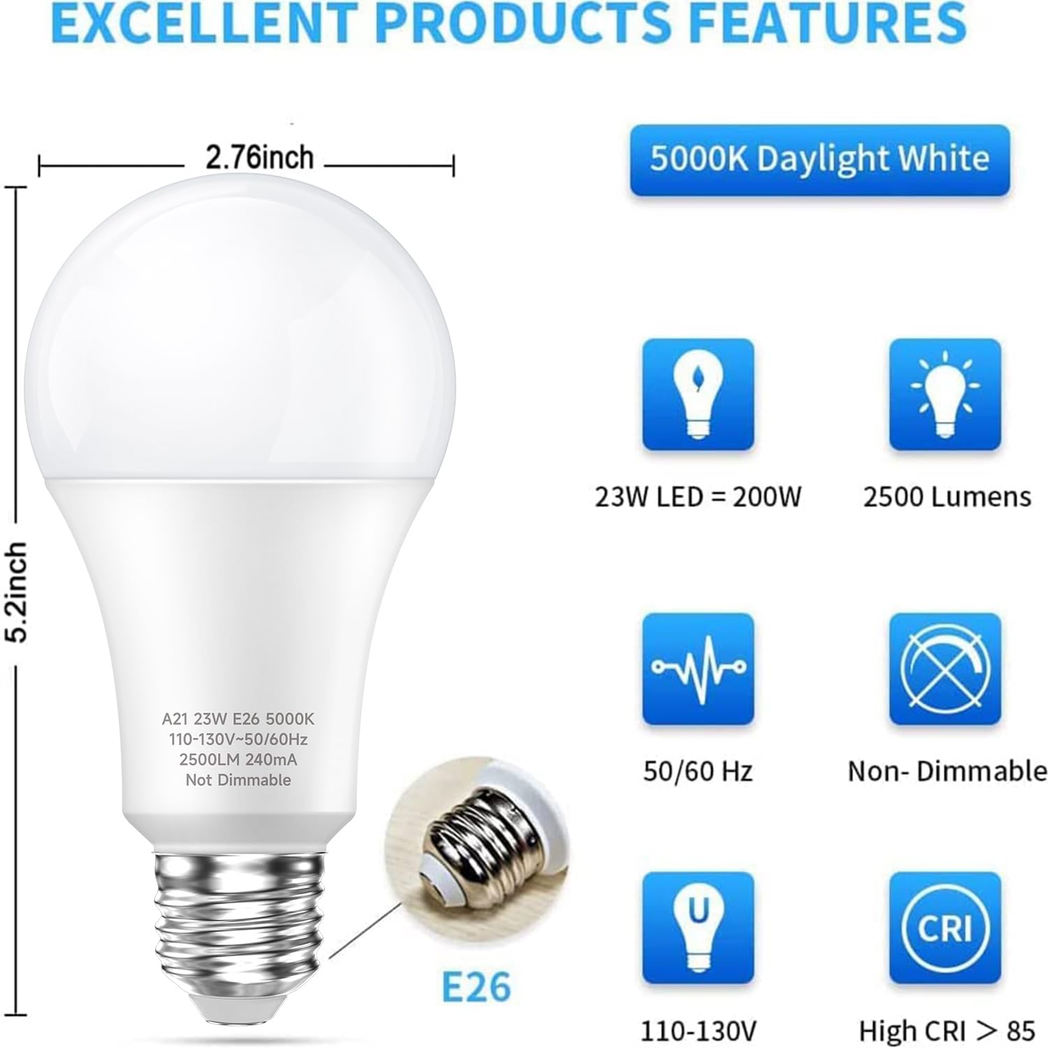 Ledera 150W Led Bulb, 23W Energy Saving, 2500 Lumens, 5000K Cool White, E26 Base, 4 Pack, Non-Dimmable