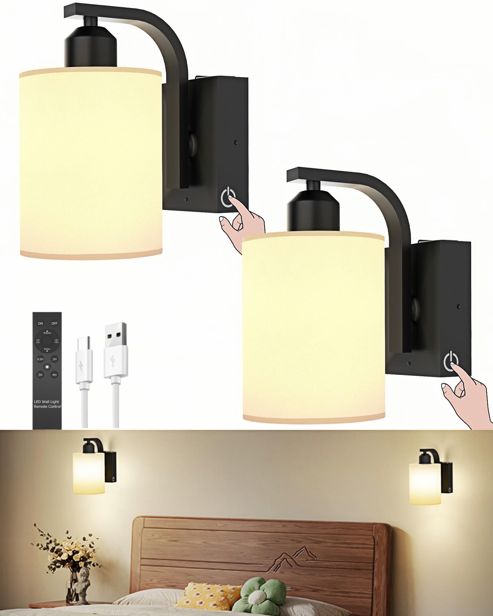 iThird Wall Sconce Set of 2, 6000mAh Rechargeable, Touch & Remote Control, Black, 8 Inch, Wireless Wall Lamps for Bedroom & Living Room