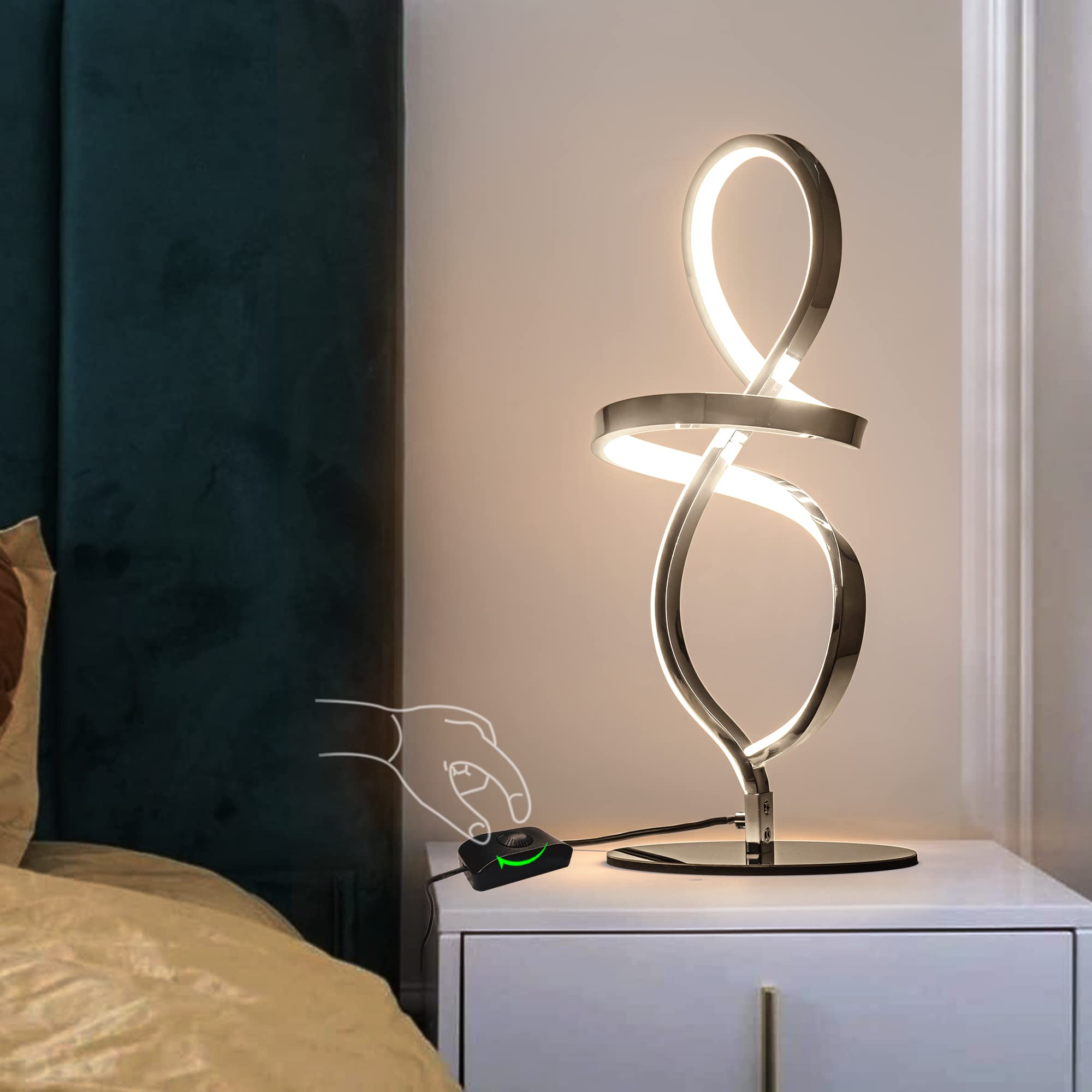 Mayful LED Spiral Table Lamp, Stepless Dimming, Chrome, 12W, 3200K Warm White, Modern Bedside Lamp for Bedroom & Living Room, Model 6606-1
