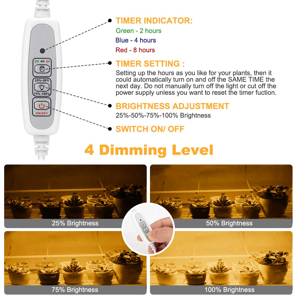 Mosthink LED Plant Grow Light Strips, Full Spectrum, Auto ON/OFF Timer, 48 LEDs, Dimmable, 2 Pack, White