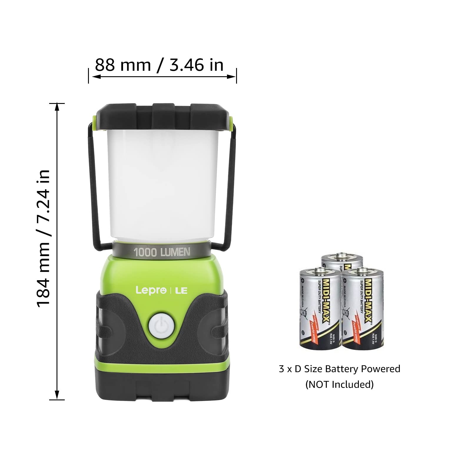 Lighting EVER 1000LM LED Camping Lantern, Waterproof, 4 Light Modes, Black and Green, Model 3300002-2