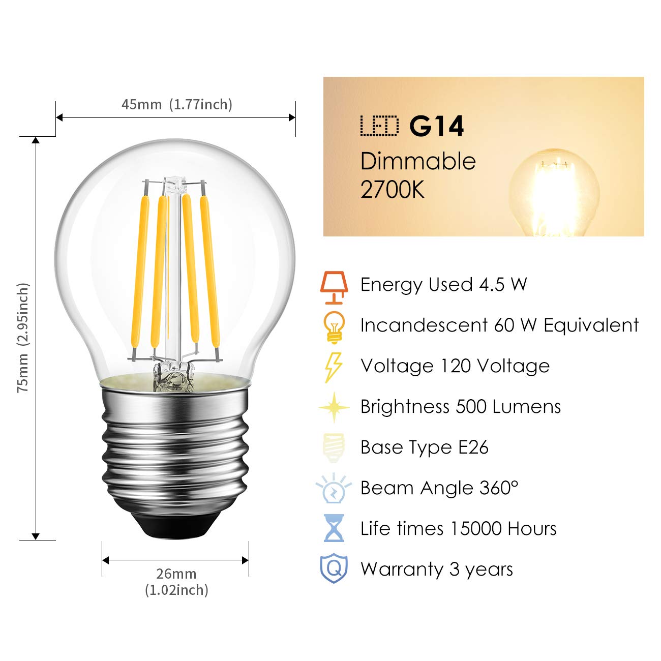 Lvwit G14 Led Filament Globe Bulb, Dimmable 2700K Warm White, E26 Screw Base, Glass, 6-Pack, Ul-Listed, 4W Transparent