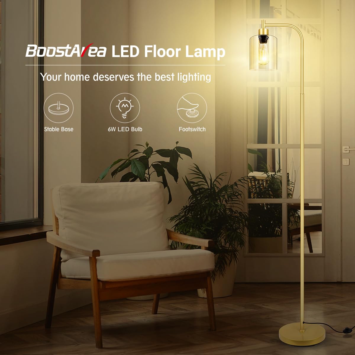 Gold Floor Lamp, Standing Lamp With Glass Lampshade, 6W Led Bulb Included, Modern Floor Lamp With Foot Switch, Industrial Floor