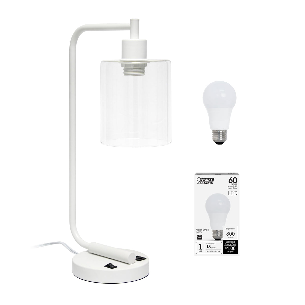 Simple Designs LD1066-WHT-LB Industrial Vintage Bronson Iron Lantern Desk Table Lamp with USB Port and Glass Cylinder Shade for Office, Living Room, Bedroom, White, with Feit LED Bulb Included