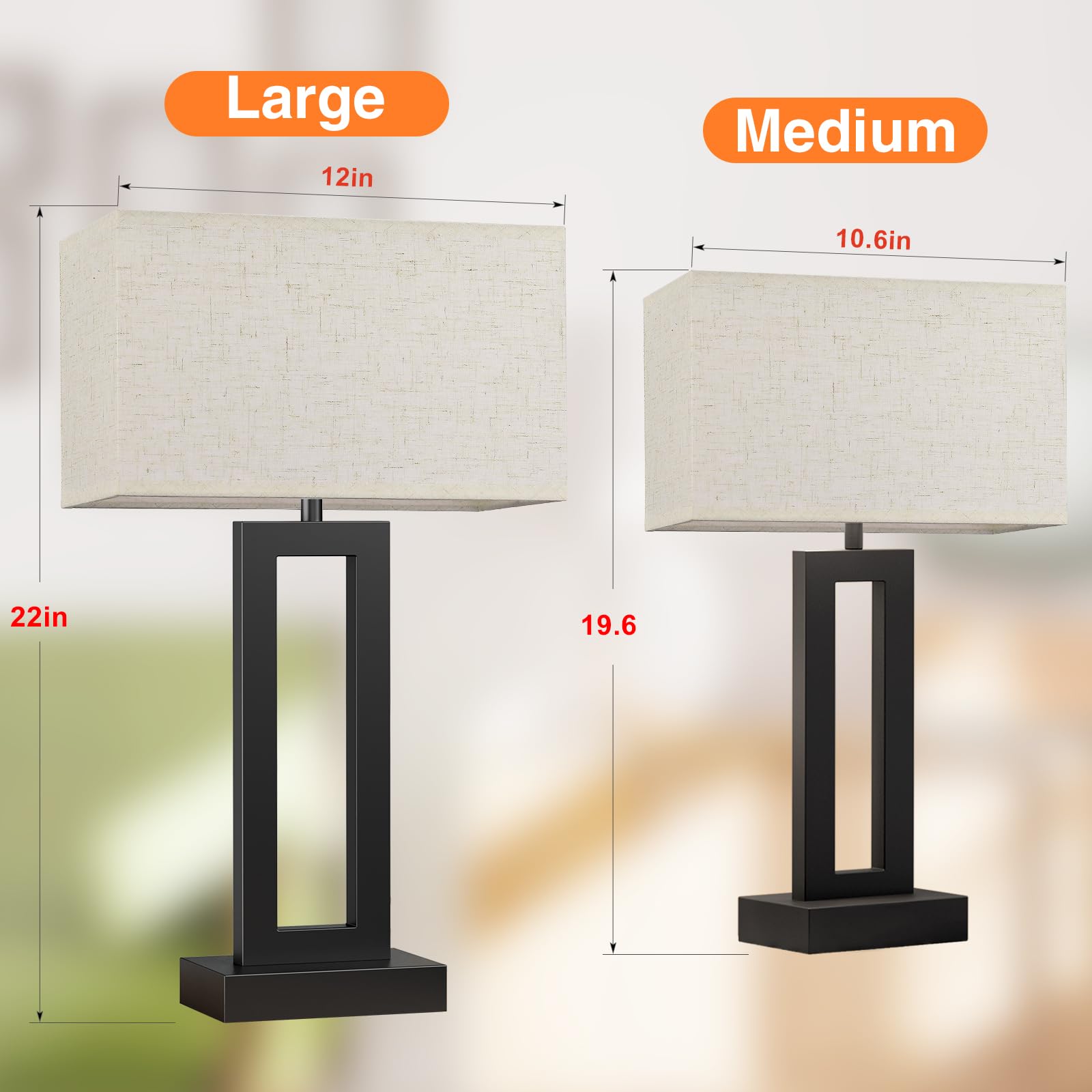 Seealle Cream & Black Bedside Lamps Set of 2, 22in Tall, Touch USB C+A, 3 Way Dimmable, Metal, Model 04076