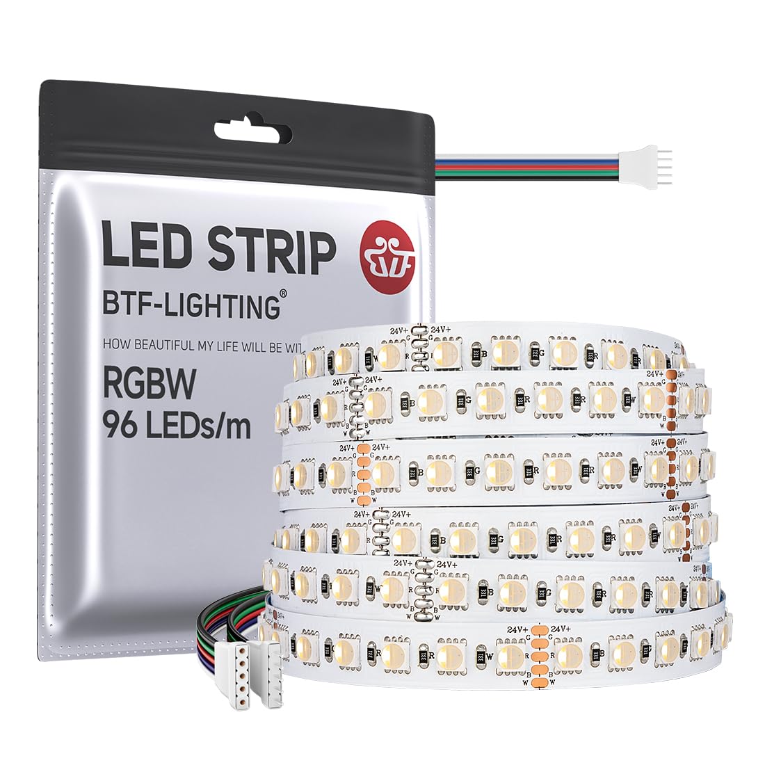 BTF-LIGHTING LED Tape Light 5m 5050 RGBW 96LED/m IP30 Non-Waterproof White PCB RGB+Warm White Model 24VRGBWW45M505